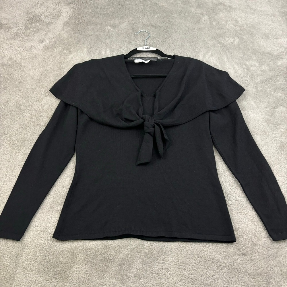VTG Roberta Freymann Wool Sweater‎ Top Womens Large Black Shawl Tie Front Mature